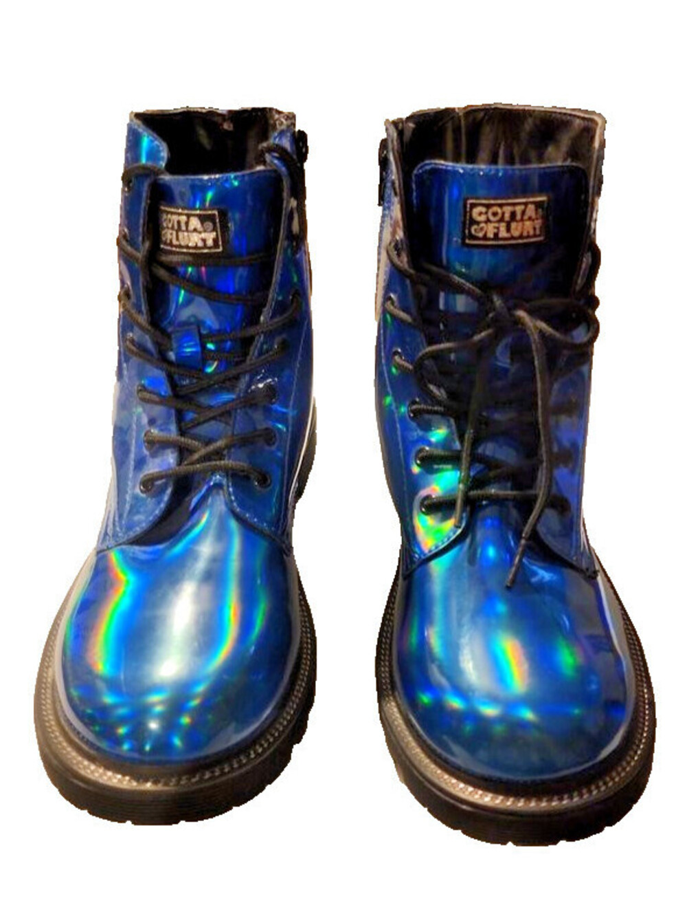 Gotta Flurt Holographic Blue Combat Women's Boots